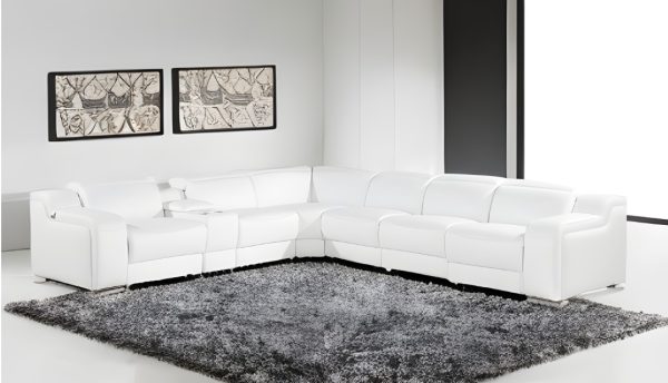 White Italian leather 4 power reclining seats L shaped Seven Piece Corner Sectional With Console - Image 2
