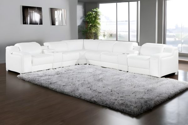 White Italian Leather 3 Power Reclining L Shaped Eight Piece Corner Sectional With Console - Image 2