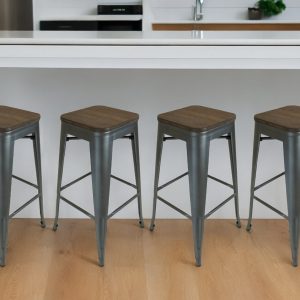 Set of Four 26" Brown and Gunmetal Solid Wood and Metal Backless Counter Height Bar Chairs