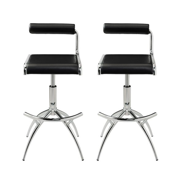Set of Two Black and Silver Faux Leather and Metal Low Back Adjustable Height Bar Chairs - Image 2