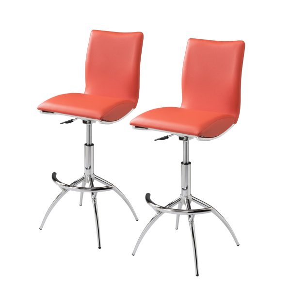 Set of Two Orange and Silver Faux Leather and Metal Low Back Adjustable Height Bar Chairs - Image 3