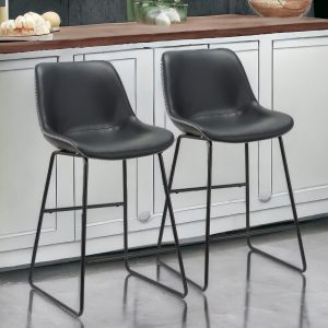 Set of Two 26" Black Faux Leather And Metal Low Back Counter Height Bar Chairs