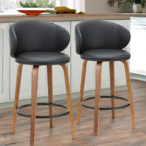Set of Two 26" Black And Brown Faux Leather And Metal Low Back Counter Height Bar Chairs