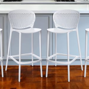 Set of Four 30" White Heavy Duty Plastic Low Back Bar Height Bar Chairs