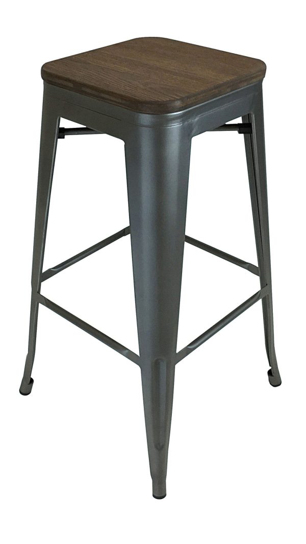 Set of Four 30" Brown and Gunmetal Solid Wood and Metal Backless Bar Height Bar Chairs - Image 3