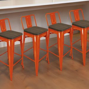 Set of Four 26" Brown and Orange Solid Wood and Metal Low Back Counter Height Bar Chairs