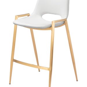 Set of Two 26" White And Gold Faux Leather And Steel Low Back Counter Height Bar Chairs