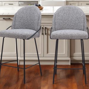 Set of Two 26" Light Gray And Black Shearling And Steel Counter Height Bar Chairs