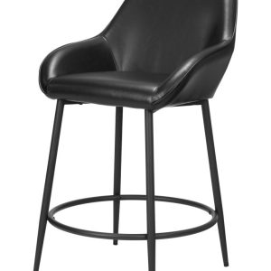 Set of Two 25" Black Faux Leather And Steel Counter Height Bar Chairs