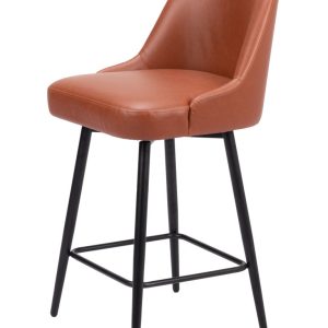 26" Brown And Black Faux Leather And Steel Counter Height Swivel Bar Chair