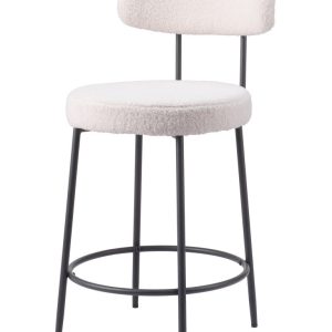 Set of Two 25" Ivory and Black Shearling and Steel Low Back Counter Height Bar Chairs