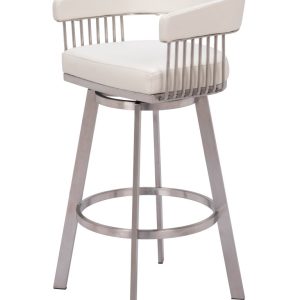 31" White And Silver Faux Leather And Stainless Steel Bar Height Swivel Bar Chair