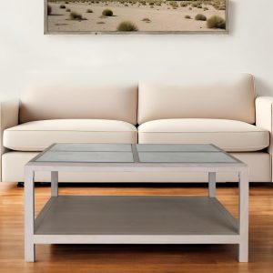 40" Clear And White Glass And Solid Wood Square Coffee Table With Shelf
