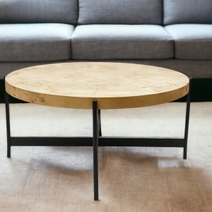 36" Natural And Black Wood and Iron Round Coffee Table