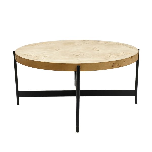 36" Natural And Black Wood and Iron Round Coffee Table - Image 2
