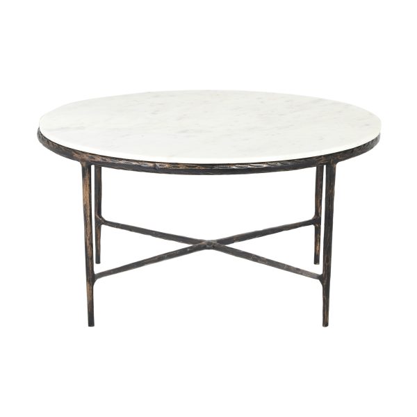 36" White And Brown Genuine Marble And Aluminum Round Coffee Table - Image 2