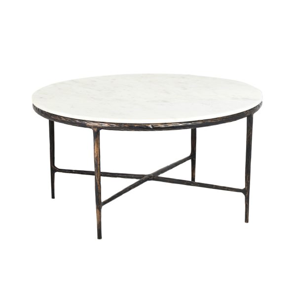 36" White And Brown Genuine Marble And Aluminum Round Coffee Table - Image 3