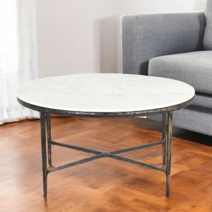 36" White And Brown Genuine Marble And Aluminum Round Coffee Table
