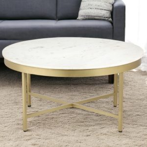 36" White And Gold Genuine Marble And Steel Round Coffee Table