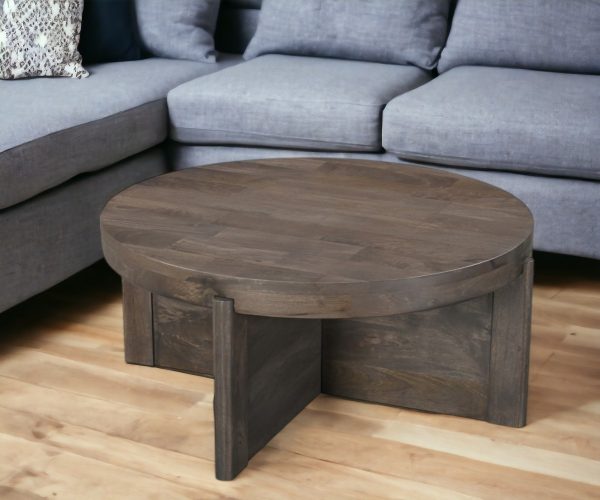 36" Brown Solid Wood Round Cross Legs Coffee Table