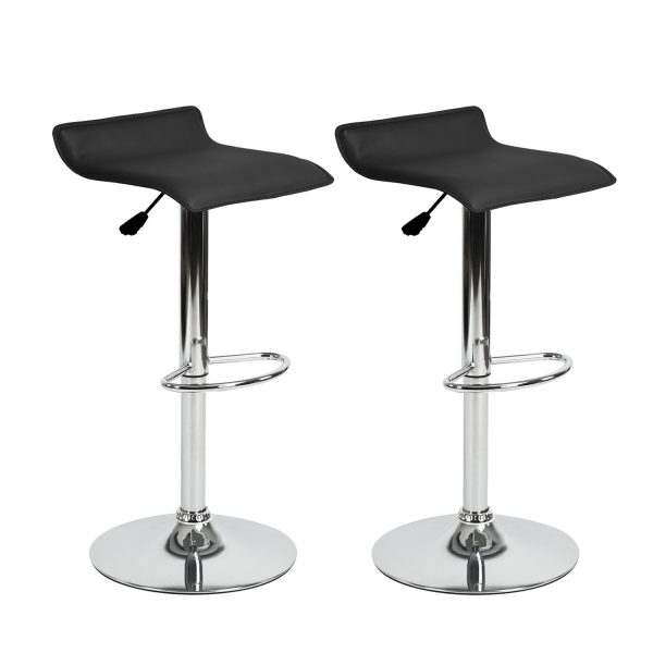 Set of Two Black and Silver Faux Leather and Metal Low Back Adjustable Height Swivel Bar Chairs - Image 2