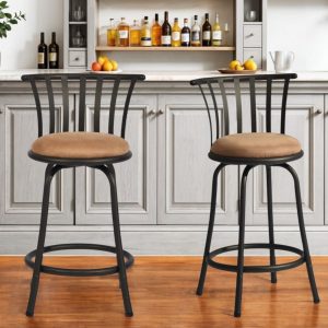 Set of Two 24" Brown and Black Microfiber and Metal Low Back Counter Height Swivel Bar Chairs