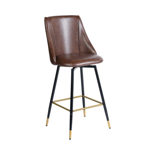 Set of Two 26" Brown and Black and Gold Faux Leather and Metal Counter Height Swivel Bar Chairs - Image 3