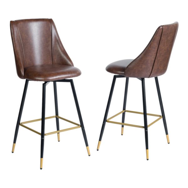 Set of Two 26" Brown and Black and Gold Faux Leather and Metal Counter Height Swivel Bar Chairs - Image 2