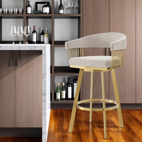 30" Taupe and Gold Fabric and Stainless Steel Low Back Bar Height Swivel Bar Chair - Image 2