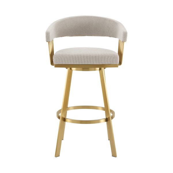 30" Taupe and Gold Fabric and Stainless Steel Low Back Bar Height Swivel Bar Chair - Image 3