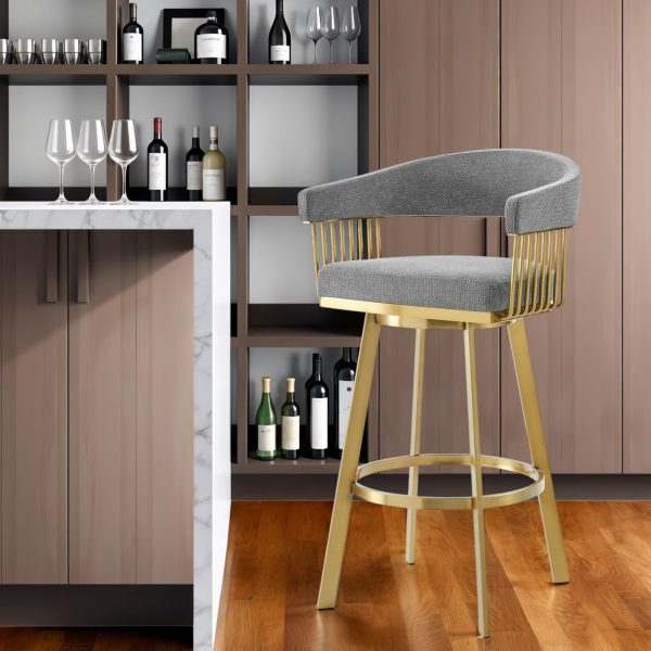 30" Gray and Gold Fabric and Stainless Steel Low Back Bar Height Swivel Bar Chair - Image 2