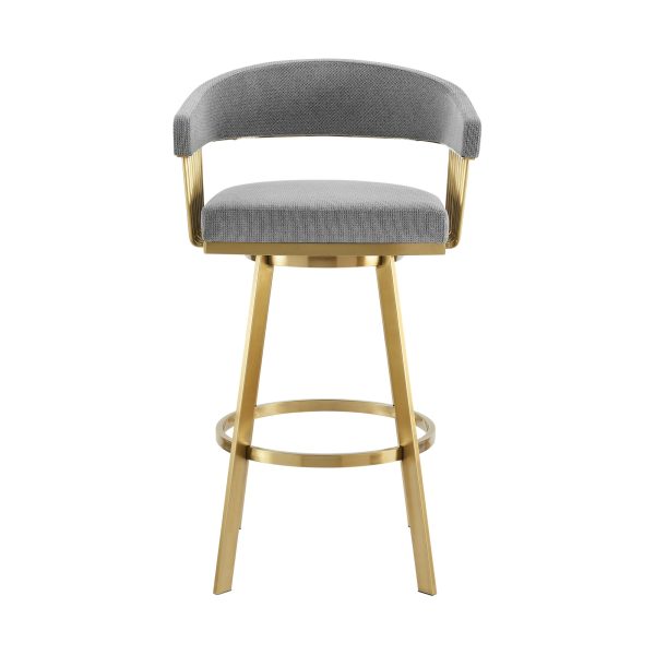 30" Gray and Gold Fabric and Stainless Steel Low Back Bar Height Swivel Bar Chair - Image 3