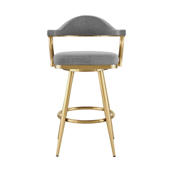 30" Gray and Gold Fabric and Stainless Steel Low Back Bar Height Swivel Bar Chair - Image 2