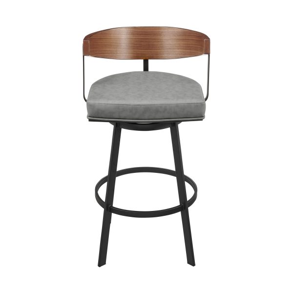 30" Gray Brown and Black Faux Leather and Iron Low Back Bar Height Swivel Bar Chair - Image 2