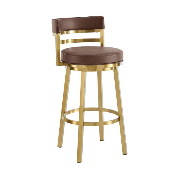 30" Coffee and Gold Faux Leather and Stainless Steel Low Back Bar Height Swivel Bar Chair - Image 3