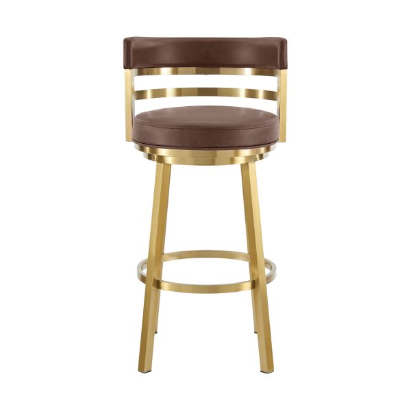 30" Coffee and Gold Faux Leather and Stainless Steel Low Back Bar Height Swivel Bar Chair - Image 2