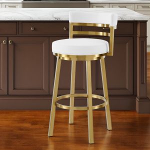 26" White and Gold Faux Leather and Stainless Steel Low Back Counter Height Swivel Bar Chair