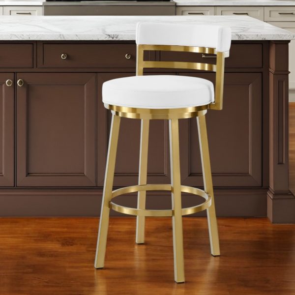 26" White and Gold Faux Leather and Stainless Steel Low Back Counter Height Swivel Bar Chair