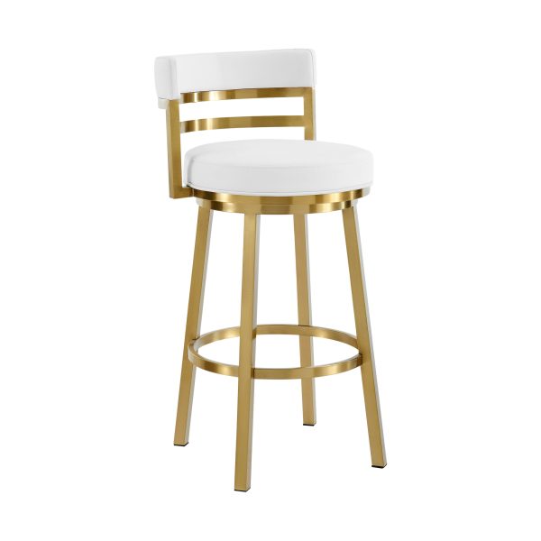 26" White and Gold Faux Leather and Stainless Steel Low Back Counter Height Swivel Bar Chair - Image 3