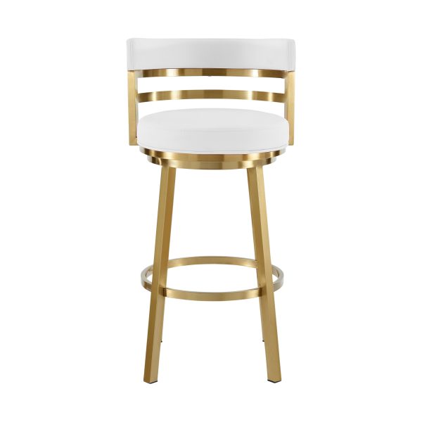 26" White and Gold Faux Leather and Stainless Steel Low Back Counter Height Swivel Bar Chair - Image 2