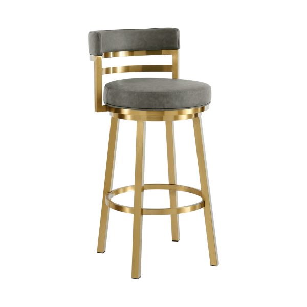 30" Gray and Gold Faux Leather and Stainless Steel Low Back Bar Height Swivel Bar Chair - Image 3