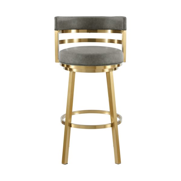 30" Gray and Gold Faux Leather and Stainless Steel Low Back Bar Height Swivel Bar Chair - Image 2
