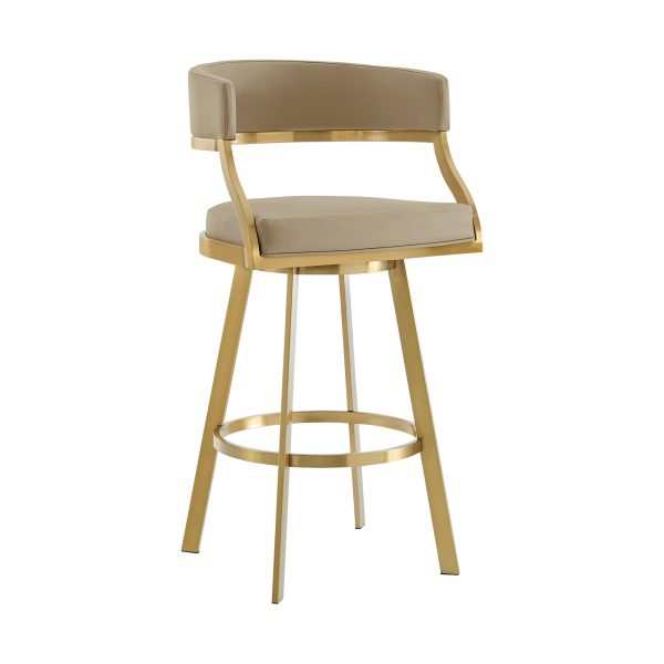 30" Sand and Gold Faux Leather and Stainless Steel Low Back Bar Height Swivel Bar Chair - Image 3