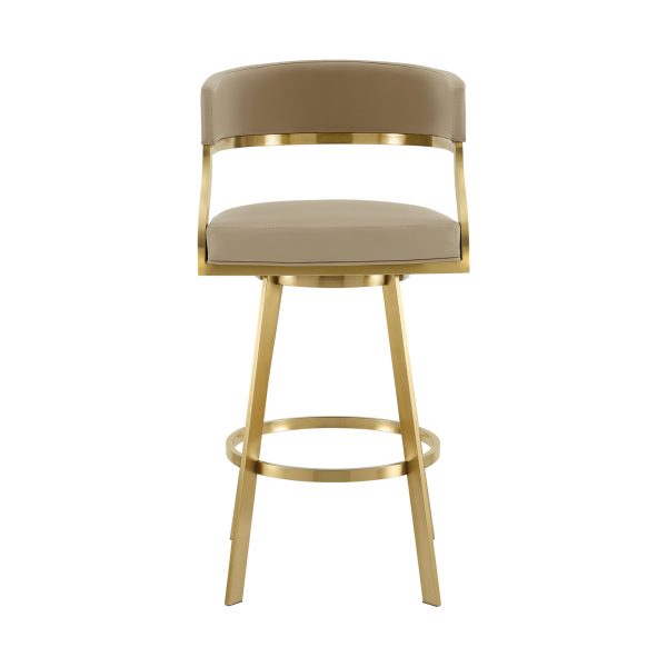30" Sand and Gold Faux Leather and Stainless Steel Low Back Bar Height Swivel Bar Chair - Image 2