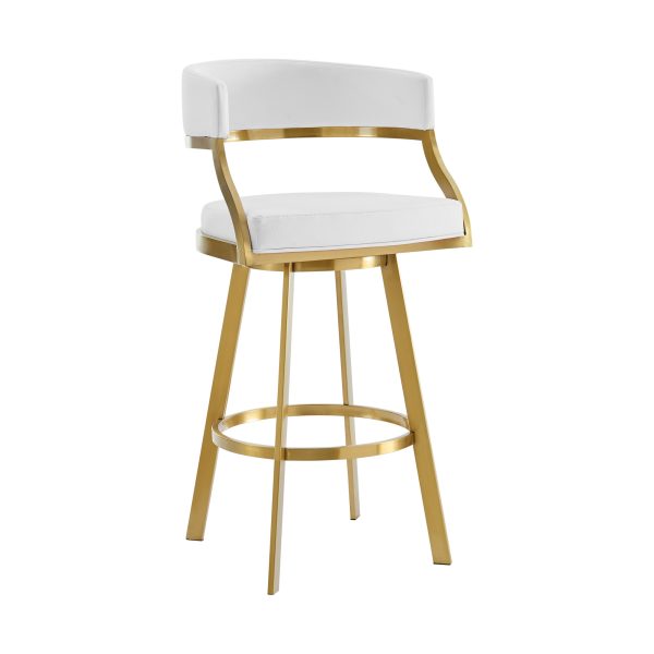 30" White and Gold Faux Leather and Stainless Steel Low Back Bar Height Swivel Bar Chair - Image 3