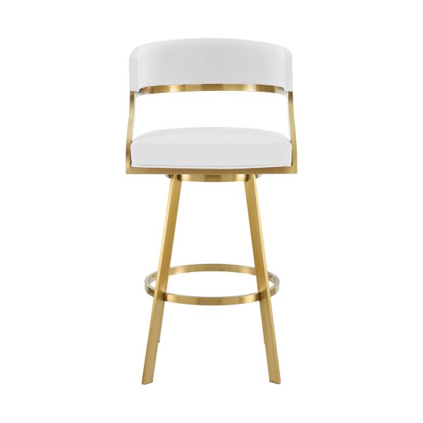 30" White and Gold Faux Leather and Stainless Steel Low Back Bar Height Swivel Bar Chair - Image 2