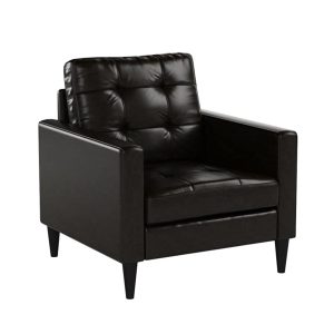 30" Espresso and Black Faux Leather Arm Chair And Toss Pillow