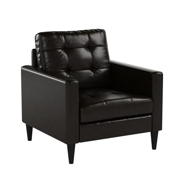 30" Espresso and Black Faux Leather Arm Chair And Toss Pillow