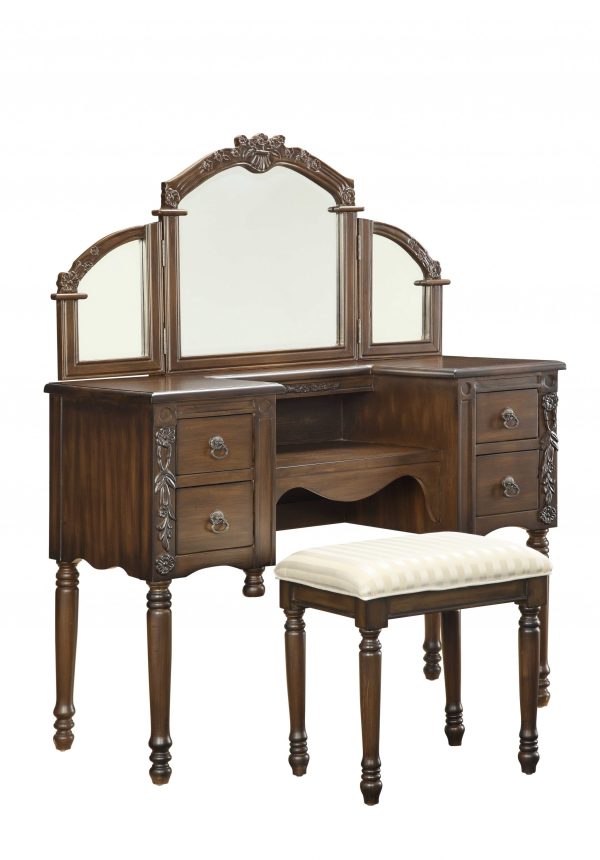 46" Oak Mirrored Vanity Table with Mirror Seating With Four Drawers - Image 2