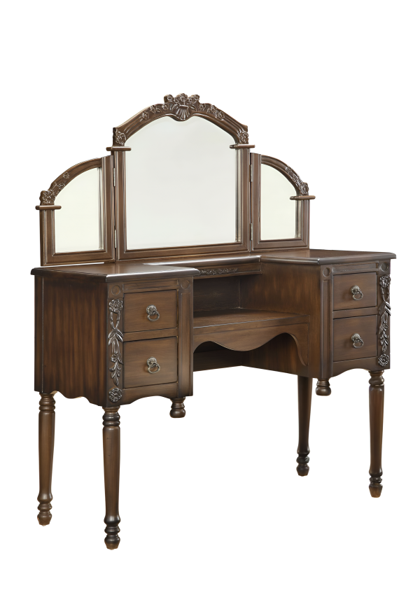 46" Oak Mirrored Vanity Table with Mirror Seating With Four Drawers - Image 3